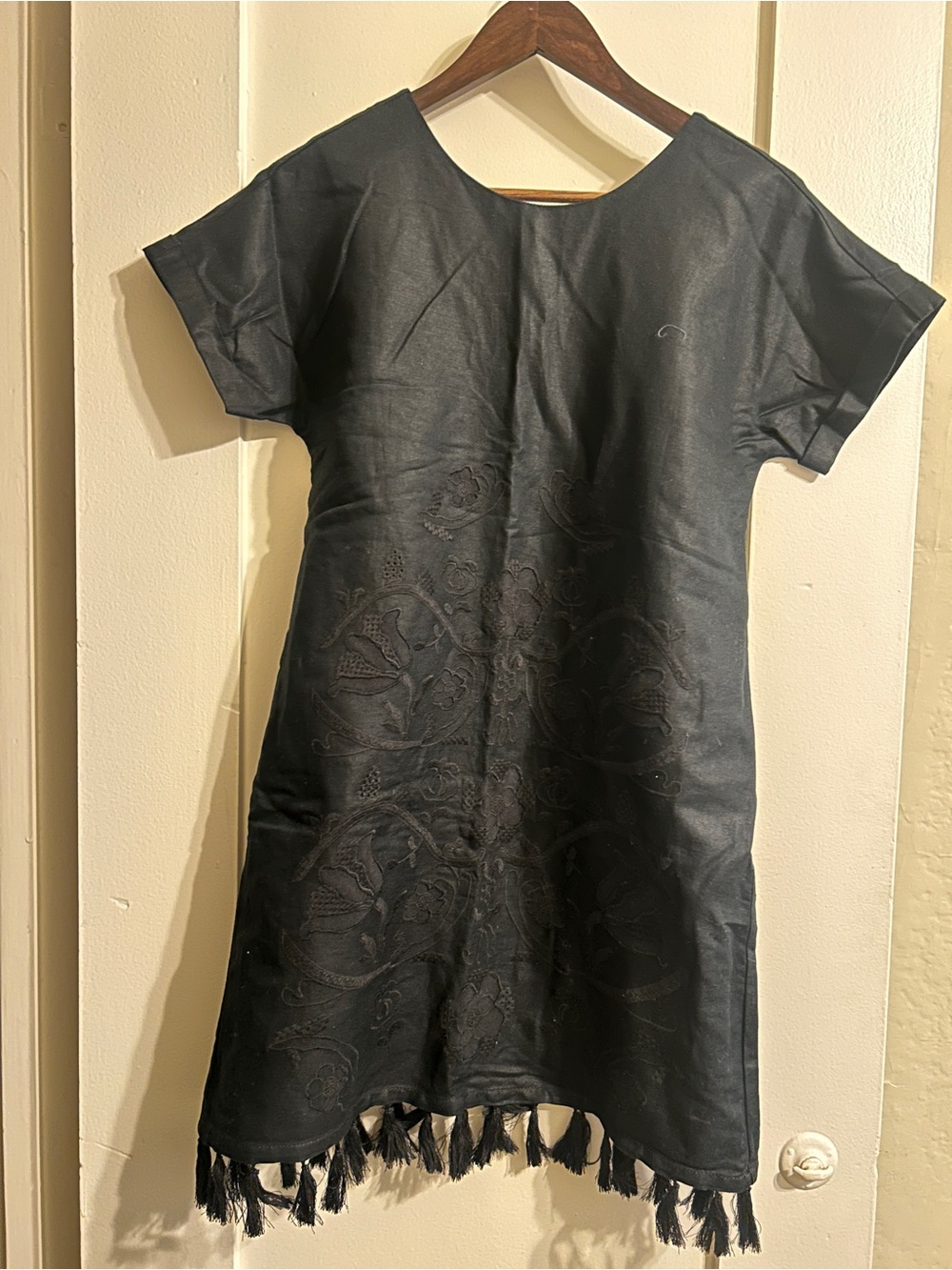 Madewell Black Short Sleeve Embroidered Tassel-Hem Mini Dress